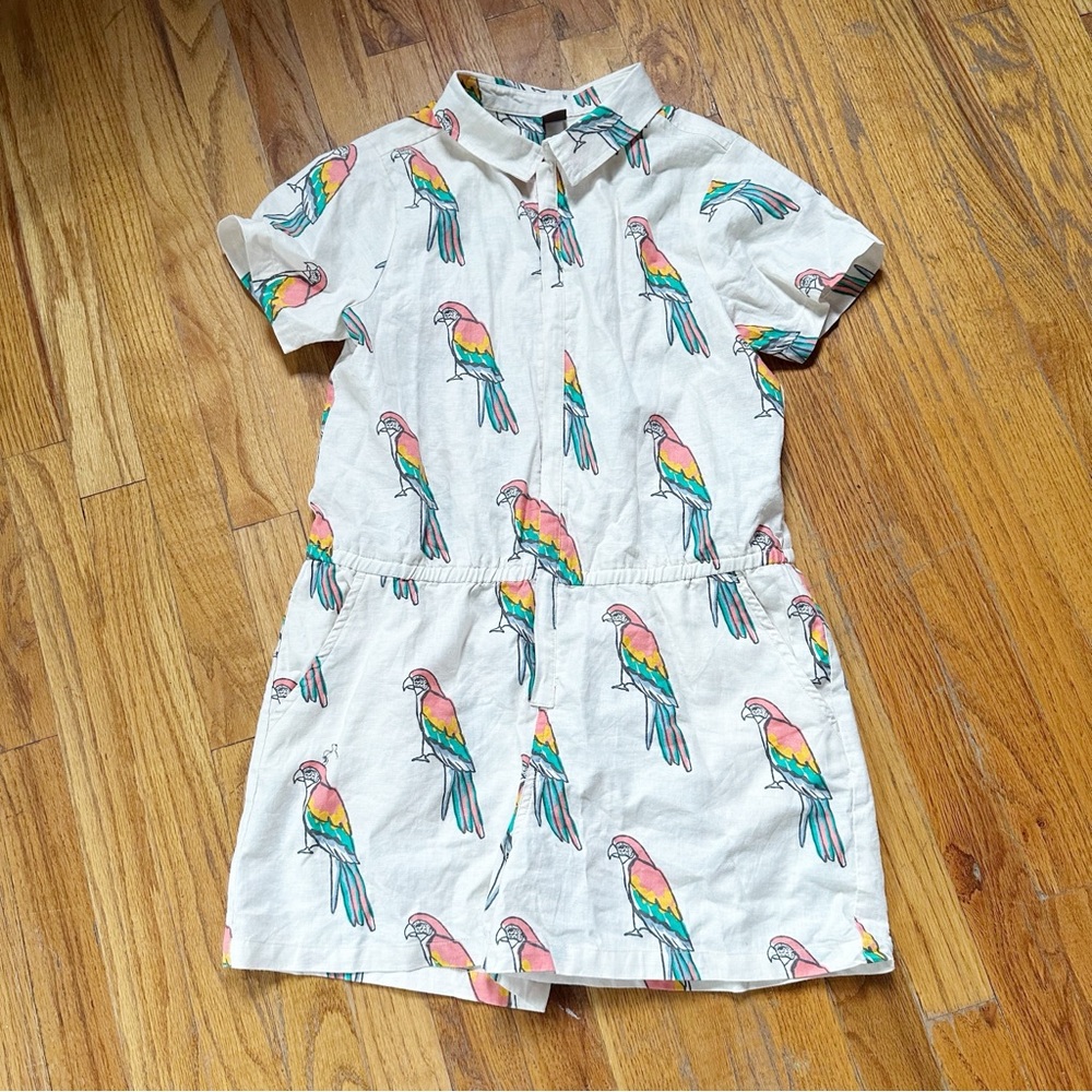 Tea Collection Linen Parrot Print Romper - Pink and Green